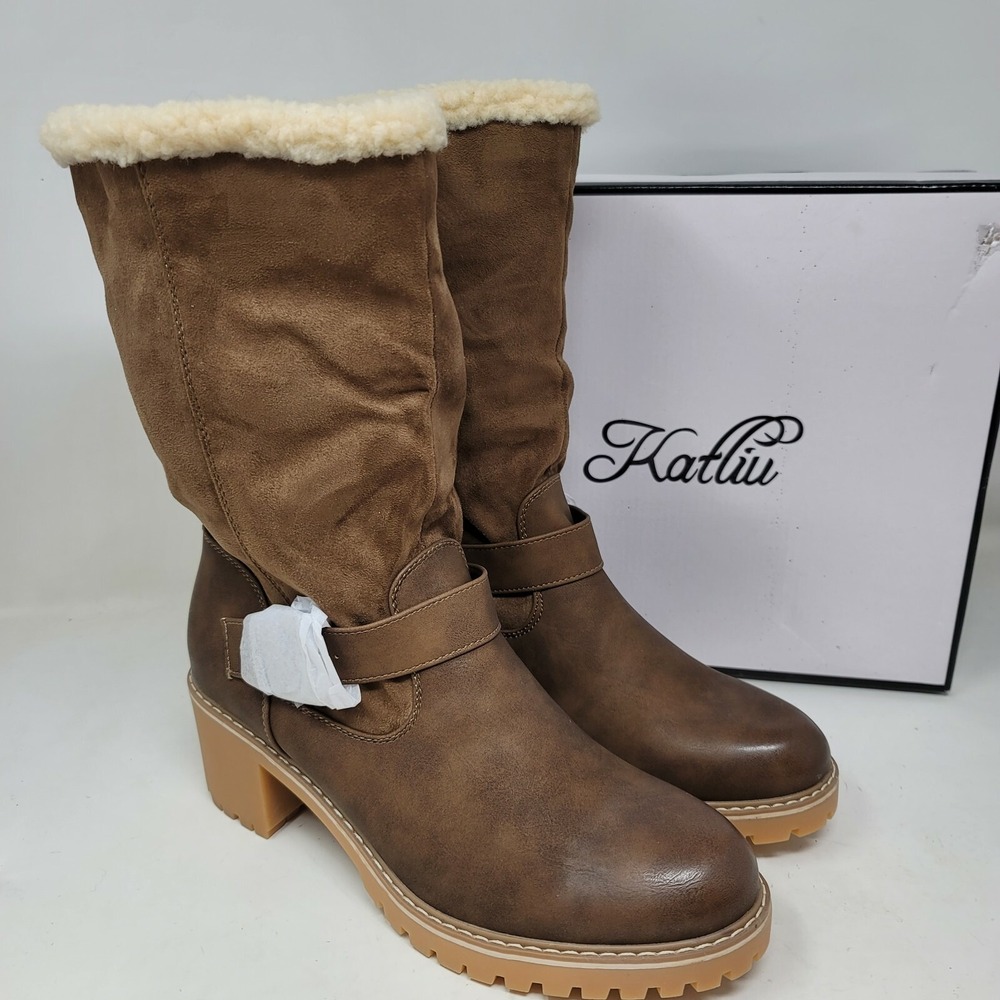 katliu Women's Boots Sz 10 M Mid Calf Warm Winter Casual Dress fur Lined